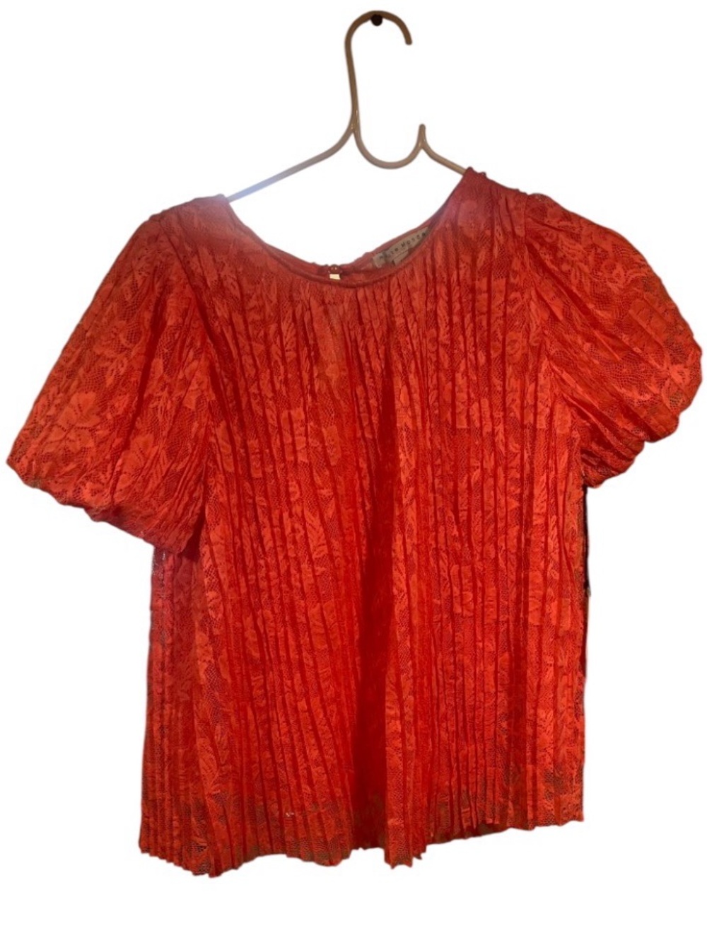 Haute Monde Coral pink Lace Pleated Puff-Sleeve Top
